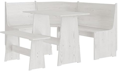 Eleganz 3-TLG. Eckbankgruppe Reine Weiß - Massivholz Kiefer Essgruppe für Wohnzimmer & Küche - Langlebig & Stilvoll - Platzsparende Lösung für Familien