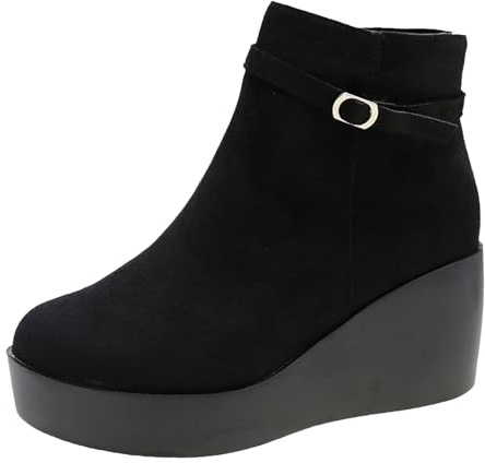 Botas de tobillo para mujer, botas de tobillo botas cortas de invierno para mujer, punta redonda, tacones de cuña, tallas grandes, suela gruesa, tacones de cuña, plataforma, marrón, señoras, Negro
