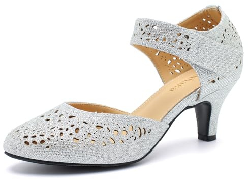 Women's Comfortable Mary Jane Pumps Vintage Cutout Closed Toe Kitten Heels for Dressy Office Work Silver Glitter US 8