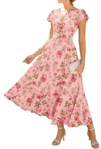 GRACE KARIN Donna Manica Increspata Scollo a V Abito midi Linea A Fiore Abito Estivo Con Tasche, Rosa grigio-rosa, XXL