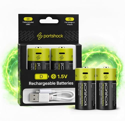 PORTSHOCK D Rechargeable Batteries USB C (2 Pack) - 1.5V 4800mAh High Capacity Lithium - 4 Hour Fast Charge D Cell Batteries with Cable for Flashlights, Tankless Water Heaters, Radios & Baby Swings