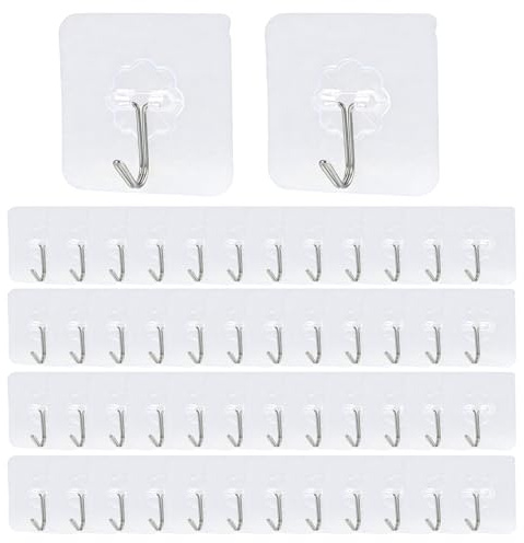 JiangZShangM 50PCS Ganci Autoadesivi, Ganci da Parete Trasparenti 5,5 x 5,5 cm Senza Foratura, Ganci Impermeabili da Incollare per Cucina, Bagno, Finestre e Superfici Lisce