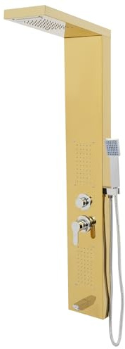 Duschpanelsystem, modern duschpanel i rostfritt stål, 5 duschlägen, regnfall, vattenfall, duschpelare med handdusch, komplett dusch, väggmonterat duschset, duschtorn (guld)