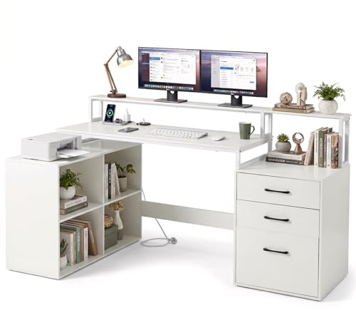 COSTWAY Scrivania Angolare con Prese di Alimentazione, Scrivania ad Angolo Salvasapazio con Cassetto, Supporti per Stampante e Monitor e Cubi, Scrittoio per Studio, Lavoro e Gaming