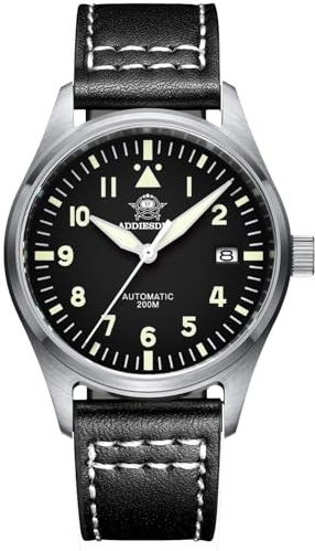 ADDIESDIVE Automatic Watches for Men and Women Diver 200 M Luminous Black Dial Black Leather Strap