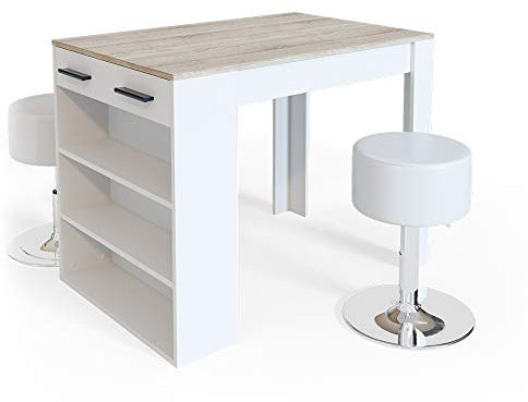 Vicco Esstisch-Set Repose, Bartresen und Hocker, Sonoma/Weiß, 67 x 100 cm mit 2 Hockern