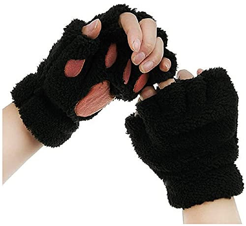 Topgrowth Handschuhe Damen Kawaii Katzenhandschuhe Plüsch Kunstfell Cosplay Katzenpfoten Fingerlose Handschuhe Mädchen Halbfingerhandschuhe aus Stoff, Schwarz , Einheitsgröße