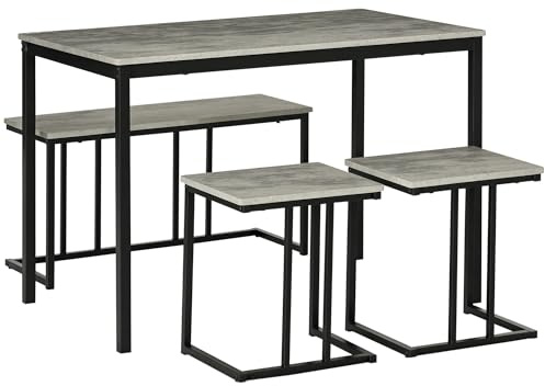 HOMCOM Dining Table and Chairs Set for 4 People, Concrete Effect Kitchen Table and Bench Set with Steel Frame, 4 Piece Dining Room Sets, Grey