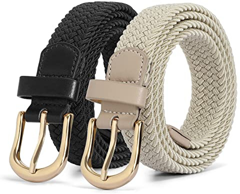JASGOOD 2 Pack Braided Belts for Women, 1'' Narrow Width Elastic Woven Stretch Fabric Cloth Belts with Gold Buckle
