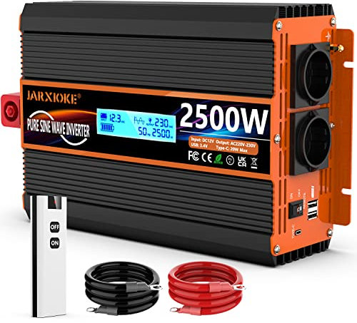 Wechselrichter 12v auf 230v Reiner Sinus 2500W/5000W Spannungswandler mit Fernbedienung & LCD-Display & 2 EU Steckdose & 2 * 3.4A USB Port & Type-C Port Pure Sine Wave Inverter Konverter