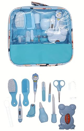 Babypflegeset 13 Teiliges Pflegeset,Babypflege Set Alltag Pflege Neugeborenen-Babypflegezubehör,Mit Thermometer, Schere,Nasensauger, Kamm, Nagelschere, Ohrlöffel Etc,Neugeborene Geschenk (Blau-13pcs)