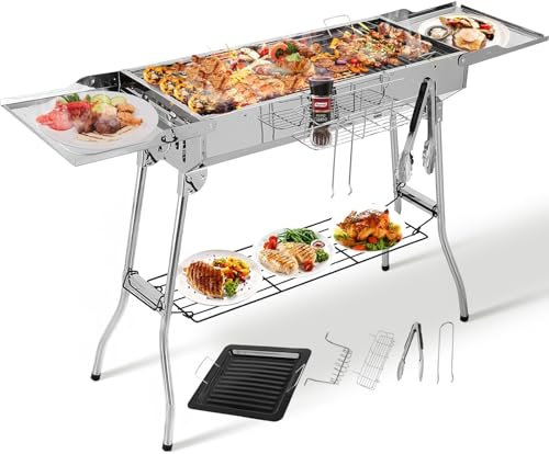 Griglia a Carbone, Barbecue a Carbonella XXL, Griglia Campeggio, Barbecue a Cabone Portatile Pieghevole in Acciaio con Doppie ali, Padella Antiaderente, per Giardino Terrazza Campeggio Picnic