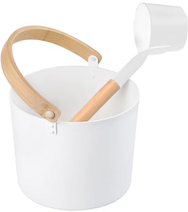 TAOLE Sauna Bucket and Ladle Set | 7L Luxurious Finnish Wooden Sauna Aluminum Bucket with Long Handle Spoon Set | Matching Ladle Sauna Barrel Sauna Spa Accessories
