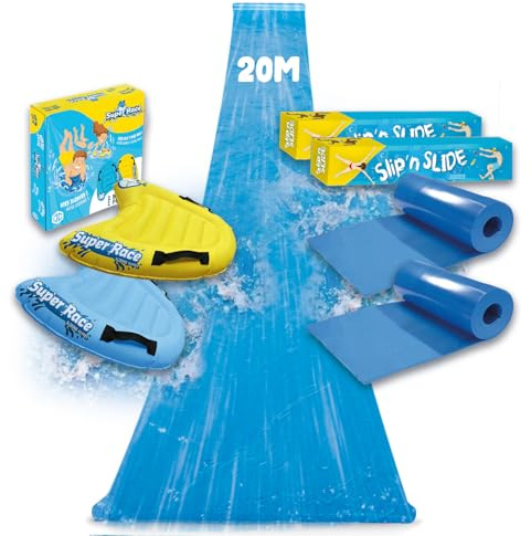 Slipn'Slide 20 Meter XXL Pack | 2 Wasserrutschmatte 10 Meter + 2 Bodyboards für besseres Gleiten | Slip and Slide Rutschmatte | Wasserspiel für Kinder & Erwachsene | OriginalCup