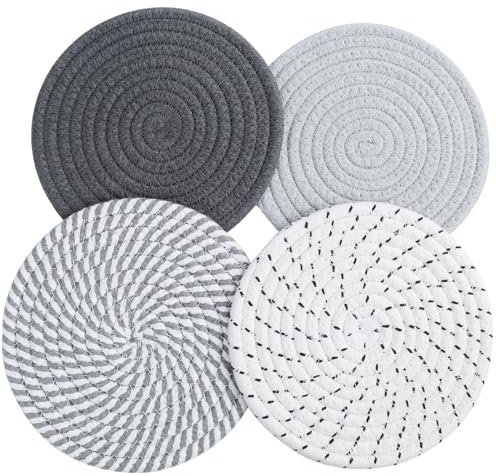 CHENGCKJ 4 Stück Topfuntersetzer, Untersetzer Baumwolle Faden Weben Matte Isolierte Platzset 4 Farben Runde Geflochtene Untersetzer Heißer Topf Halter Tischsets für Küche Töpfe, Pfannen und Teller