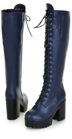 KUHAOFEU Women's Knee High Combat Boots Lace Up Platform Block Heel Motorcycle Riding Boot Biker Boots with Side Zipper,Blue,6 UK
