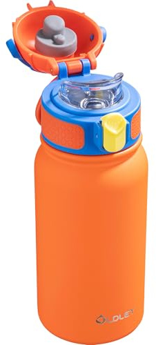 OLDLEY Insulated Kids Water Bottle 350ml/12oz Stainless Steel Metal Water Bottles Leakproof Double Walled Cute Vacuum Small Flask with Handle Keep Drinks Hot Cold for Boys Girls Children (Orange)