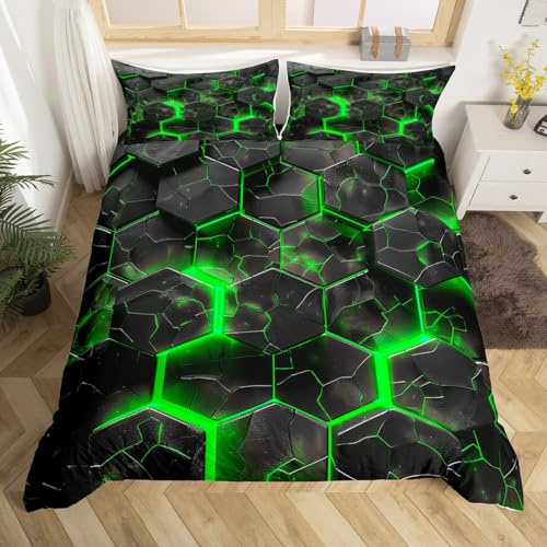 Loussiesd 3D Geometrische Honeycomb Bettbezug 135x200cm für Jungen Mädchen Teens grüne Neon sechseckige Geometrie Bettwäsche Kinder Moderne Kunst Betten Streifenlinie