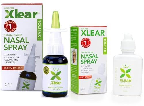 Xlear Spray Nasal Natural con Xilitol Hidratante para la Sequedad Nasal Solución Salina Suave Pack de 2 Tamaño Estándar 45 ml y Viaje 22 ml