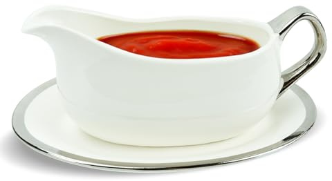 Cheardia Salsiera con vassoio, in ceramica bianca con finiture argentate, manico ergonomico e grande beccuccio antigoccia, per condimenti per insalata, creme, brodo, pepe nero