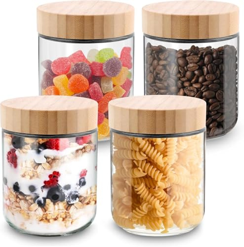 Acasimo Meal Prep Gläser mit Deckel 2er Set, 500ml Overnight Oats Gläser, 16 oz Glas einmachgläser, joghurtgläser für Gewürze, Cerealien, Nüsse und Snacks-Bamboo