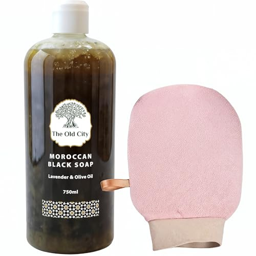 Moroccan Black Beldi Soap 750 ml – Olive Oil & Lavender – Traditional Hammam Cleanser with Exfoliating Glove – Deep Cleansing & Moisturising – Natural, Vegan, Full Body Use