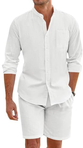 OLIPHEE Chándal Hombre Conjunto Lino Hombre 2 piezas Camisa Lino con Botones y Pantalones Cortos Verano Conjunto de Chándal Hombres Casual Deportivo Playa Vacacione Verano