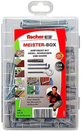 fischer Meister-Box Universaldübel UX mit Schrauben und Haken, Dübelset mit 118 Teilen, Nylondübel für alle Baustoffe, praktische Dübelkiste für Heimwerker & Profis