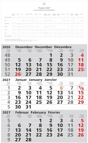 3-Monatswandkalender 12 Monatsblätter, mit umgelegtem Datumsschieber, 2-farbiger Druck, 3-sprachig, Größe: 30,0cm x 49,0cm