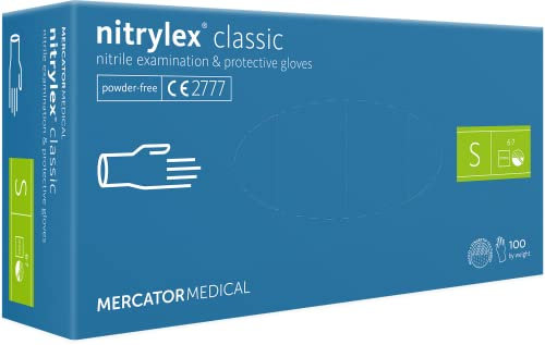 Nitrylex Classic Guanti Nitrile Monouso, da Esame Protettivi, Senza Polvere, Non Sterili, Blu, Taglia S (6-7), Ambidestri, Micro + Punta Dita Texturizzata, Polsino Bordato, Dispenser Box 100 Pz