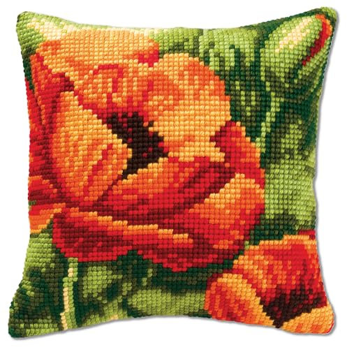 VERVACO Kreuzstich Stickpackungen Kissen Stickerei Set Anfänger Vorgedruckt Orange Blume DIY Set Kreativ Set Für Erwachsene Dekoratives Kissen ca. 40 x 40 cm Bastelset Handwerker Haus Dekoration