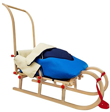 Erst-Holz Solida Slitta Media in Faggio Pieghevole Offerta in 7 Varianti(Colore-Sacco-Asta) V-21-110, Accessori per Slitta:con Barra Spinta e Sacco coprigambe Blu