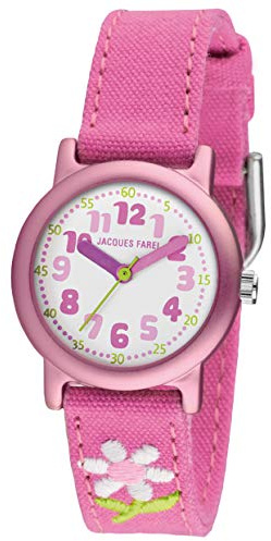 JACQUES FAREL Öko-Kinderuhr Mädchen Armbanduhr mit Stoffband aus Bio-Baumwolle Analog Quarz Blume Rosa Pink ORG 1111