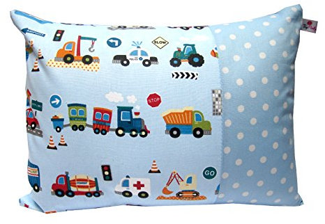 TryPinky® Kissenhülle Babykissen 30 X 40 cm Autos auf Hellblau Punkte Weiß Auto kuschelkissen Kissenbezug 100% Baumwolle BW Lokomotive Traktor LKW Kindergartenkissen Sitzkissen