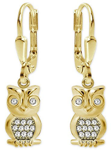 CLEVER SCHMUCK Gold Ohrringe Damen 27 mm Eule 12 mm + Zirkoniaa matt 333 Gold Geschenk für Damen im Schmucketui