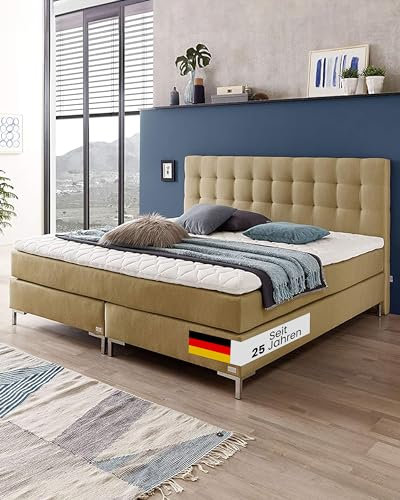 WELCON boxspringbettenshop24.de - Luxus Boxspringbett 160x200 in Hellbraun/Sand inkl. Topper Sand H1 bis H5 wählbar - Amerikanisches Bett Polsterbett Doppelbett Hotelbett Qualität aus Europa