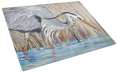 Caroline's Treasures JMK1013LCB Blue Heron in the reeds Glass Cutting Board Large Decorative Tempered Glass Kitchen Cutting and Serving Board Large Size Chopping Board