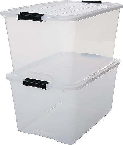 Iris Ohyama Aufbewahrungsbox mit Deckel, 45L, 2er-Set, Transparent, Schnappverschlüsse mit Griffen, Stapelbar, Stark & Langlebig, Für Kleidung, Garage, Zuhause, Büro, Plastikbox, Lagerung TB-45