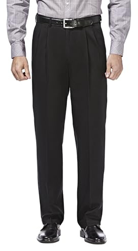 Haggar Men's B&t Non-Iron Premium Khaki Classic Fit Flat Front Expandable Waist Casual Trousers, Black, 34 W/32 L
