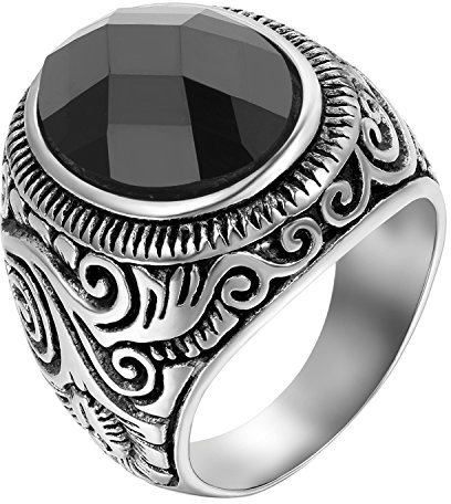JewelryWe Schmuck Herren-Ring, Klassiker Retro Charm Schnitzerei, Edelstahl Glas, Schwarz Silber - Größe 74
