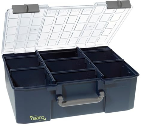 raaco CarryLite 150-9: Leicht Sortierbox für Werkstatt, mit 8 Herausnehmbare Trennwände für Kleinteile, Traglast 20 kg, Sichere Aufbewahrung, Transparenter Deckel, 33 x 41.3 x 14.7 cm