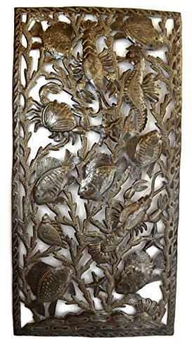 Sea Life Wall Hanging Artwork, Indoor or Outdoor Home Decorations, Nautical Beach Theme Art, Fish, Crab, Shells, Lobster, Coral, Mermaids, Ocean, Handmade in Haiti 17 In. x 34.125 In. (Deep Sea Life)