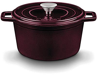 CASTEY - Cacerola Alta de Hierro, 16 cm, Color Burdeos, Cazo Indeformable, Resistente a las Altas Temperaturas, Tapadera con Sistema de Humidificación, Pomo de Acero Inoxidable