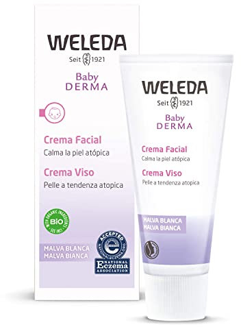 Weleda Baby Derma Crema Viso Malva Bianca, crema non profumata, nutriente e calmante. Idrata e protegge, attenuando prurito e e rossori, per pelli a tendenza atopica(1X50 ml)