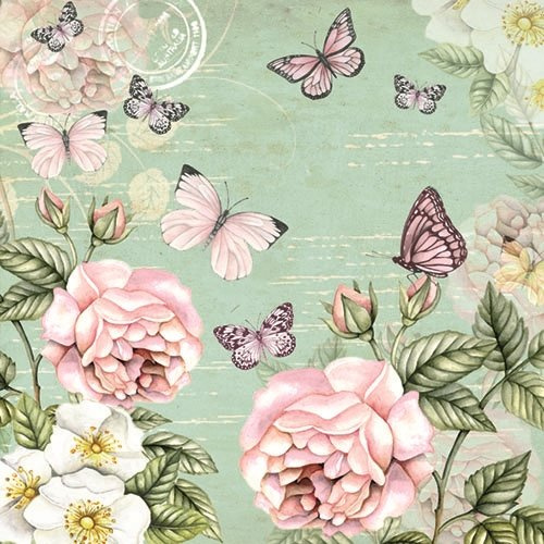Ambiente 20 St. Servietten Papierservietten 3-lagig Botanical Green Rosen Grün Rosa 33 x 33 cm