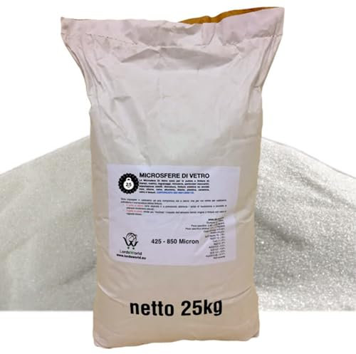 Microsfere di Vetro Abrasivo 25Kg, 425-850 Micron - Sabbia per sabbiatrice, Durezza Mohs 6-7, Riutilizzabile 6-7 Volte, per Sabbiatura, Sverniciatura e Finitura - LordsWorld