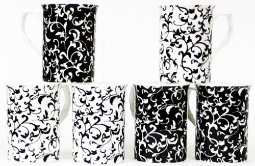 fromeuropewithlove Venetian Black and White Fine Bone China Mugs Set of 6 Swirl & Leaves Hand Decorated in UK FREE UK Delivery