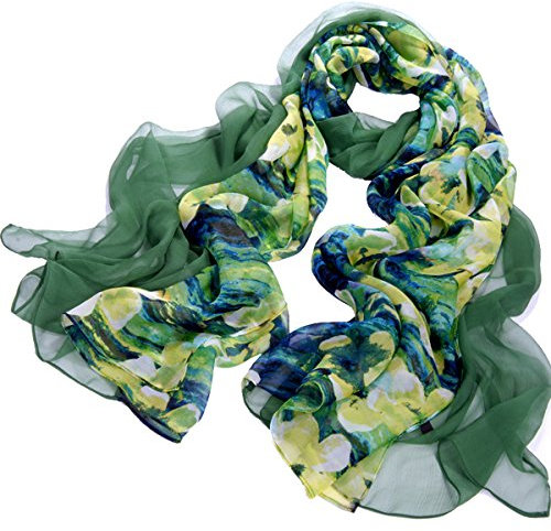 Nella-Mode XXL-SEIDENSCHAL (ca. 195x110cm) besonderes Design: uni Dunkelgrün (Crepe Georgetteseide) und Blüten Muster (Chiffonseide) kombiniert Schal 100% Seide