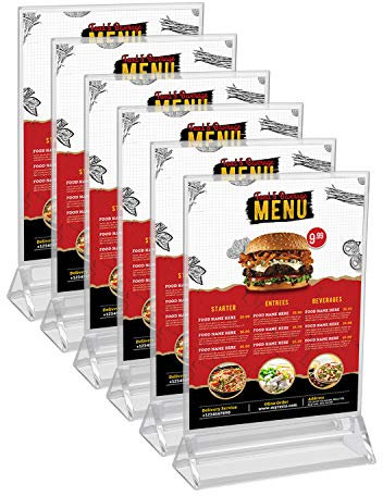 Kurtzy Porta Carteles A6 (Pack de 6) 11 x 19,5 cm - Expositor Transparente de Plástico Doble Cara en Vertical de Sobremesa - Portamenus Mesa, Marco de Fotos, Atril para Publicidad