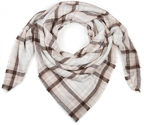 styleBREAKER sciarpa quadrata XXL, grande sciarpa con fantasia scozzese, a quadri scozzesi e frange, unisex 01018137, colore:Bianco-Rosa-Marrone scuro
